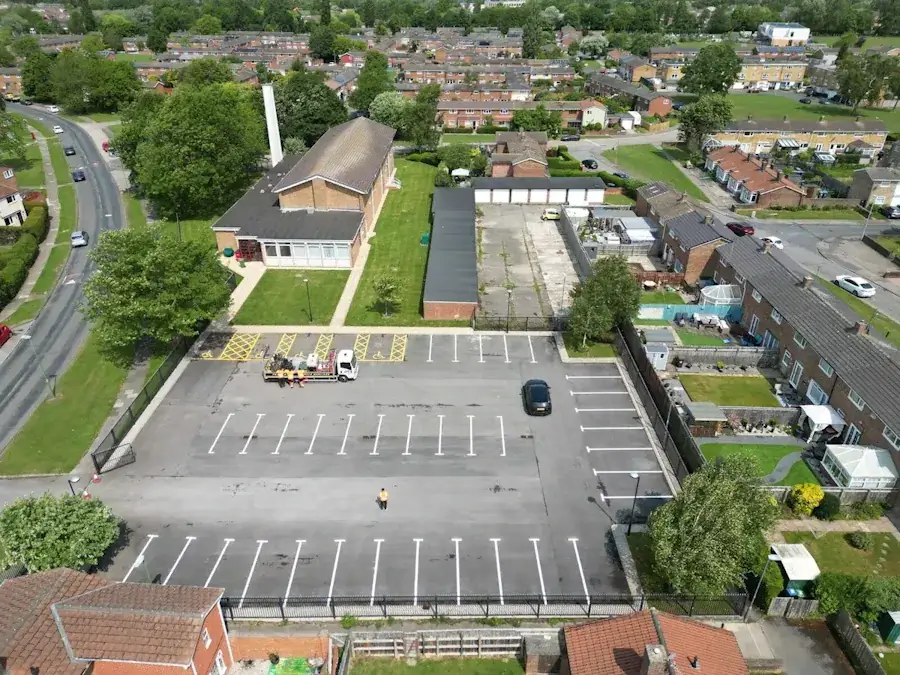 Car park after line marking works at The Church of Jesus Christ of Latter Day Saints, Newton Aycliffe